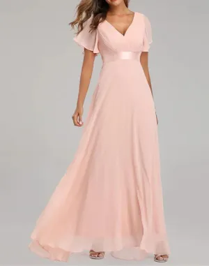 Women's Elegant Evening Dresses Short Sleeve V-Neck Ruffles Chiffon Formal Wedding Party Gown Dress