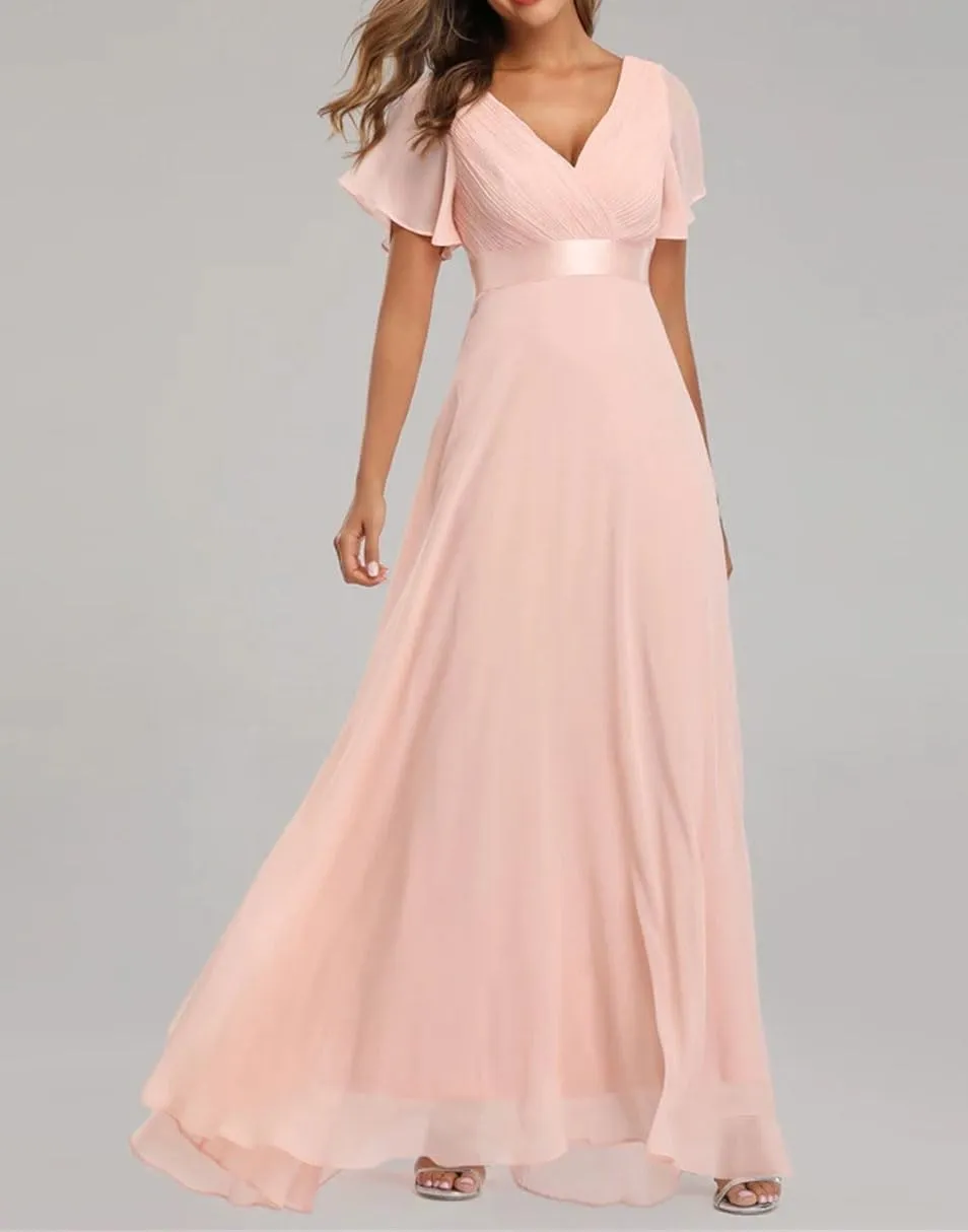 Women's Elegant Evening Dresses Short Sleeve V-Neck Ruffles Chiffon Formal Wedding Party Gown Dress