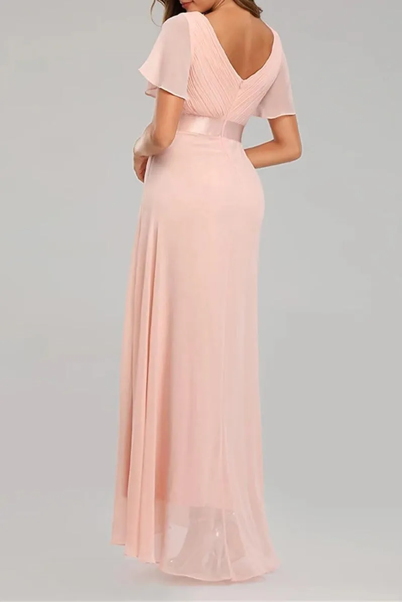 Women's Elegant Evening Dresses Short Sleeve V-Neck Ruffles Chiffon Formal Wedding Party Gown Dress