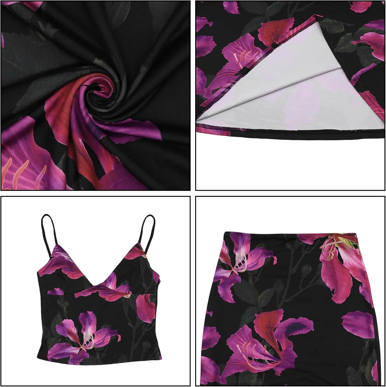 Women's Elegant Floral Print Maxi Skirt Sets Sexy V Neck Cami Crop Top and Long Skirt Set