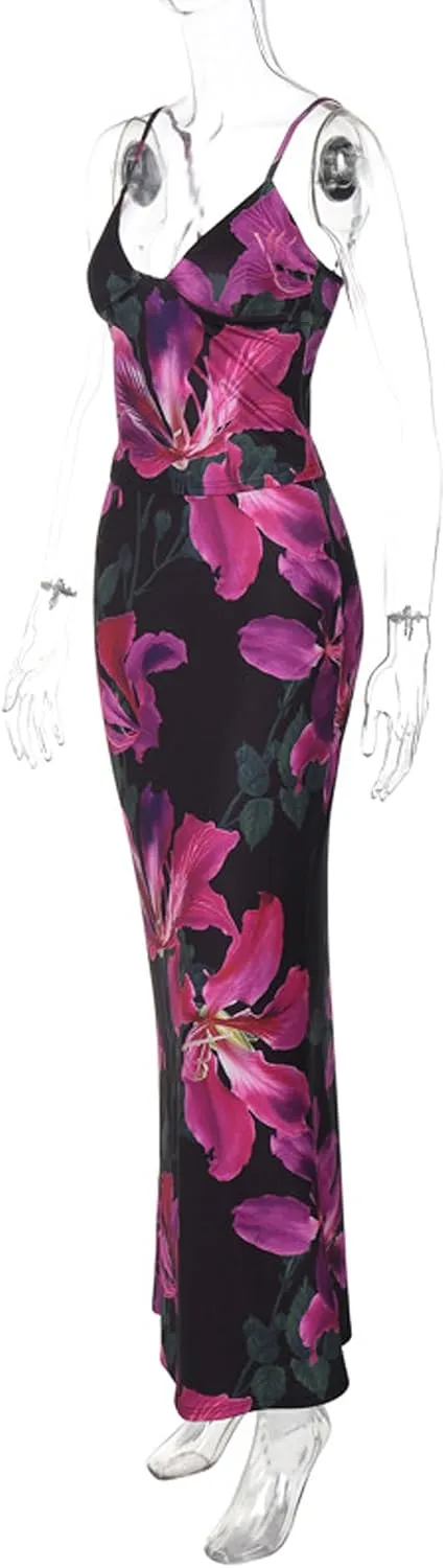 Women's Elegant Floral Print Maxi Skirt Sets Sexy V Neck Cami Crop Top and Long Skirt Set