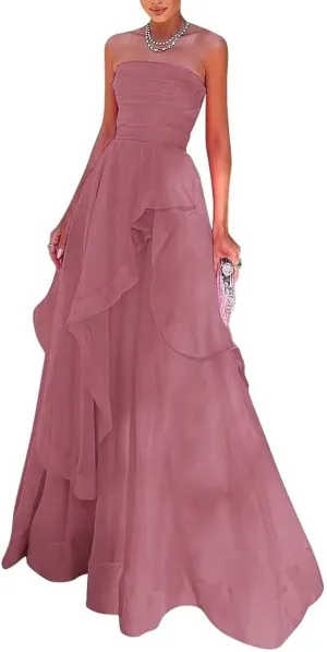 Women's Elegant Prom Dress 2025 Strapless A Line Long Ball Gown Chiffon Sleeveless Pleated Formal Cocktail Dress