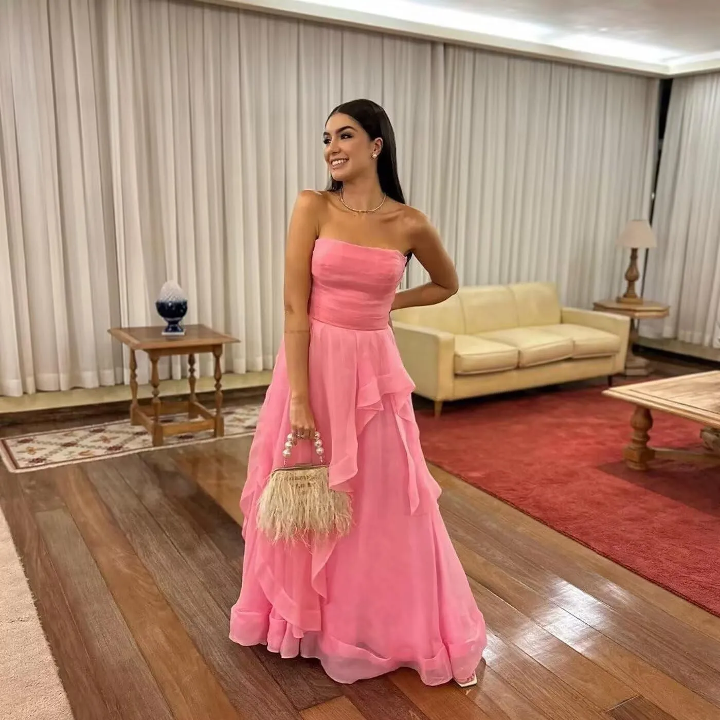 Women's Elegant Prom Dress 2025 Strapless A Line Long Ball Gown Chiffon Sleeveless Pleated Formal Cocktail Dress