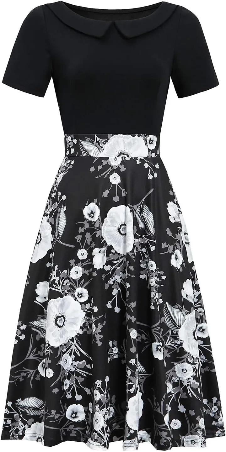 Women's Elegant Vintage Cotton Casual Floral Print Work Party Peter Pan Collar A-Line Dress with Pockets 978