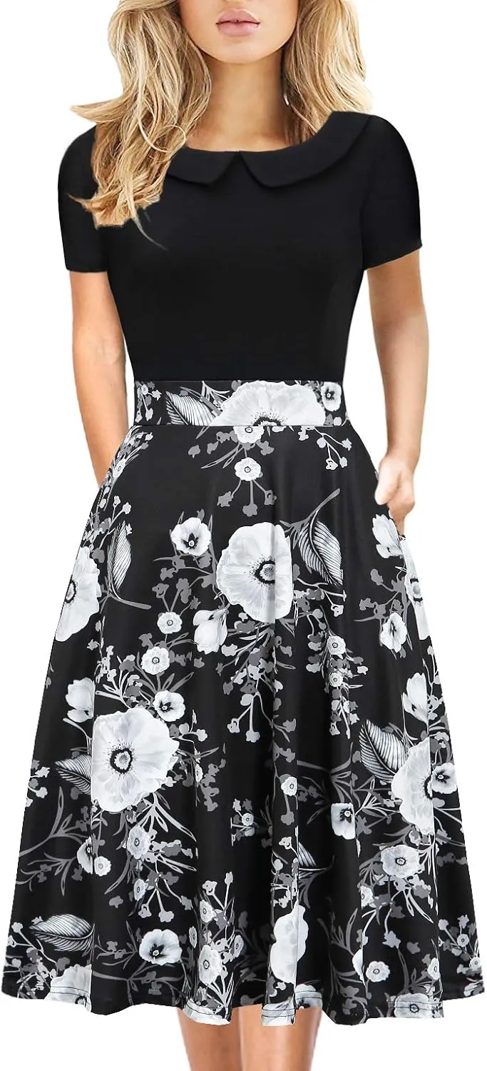 Women's Elegant Vintage Cotton Casual Floral Print Work Party Peter Pan Collar A-Line Dress with Pockets 978