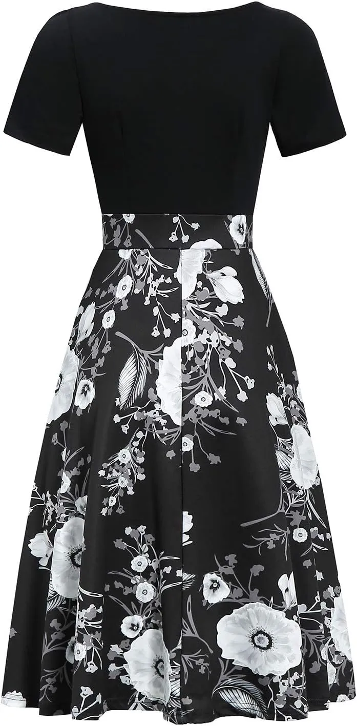 Women's Elegant Vintage Cotton Casual Floral Print Work Party Peter Pan Collar A-Line Dress with Pockets 978