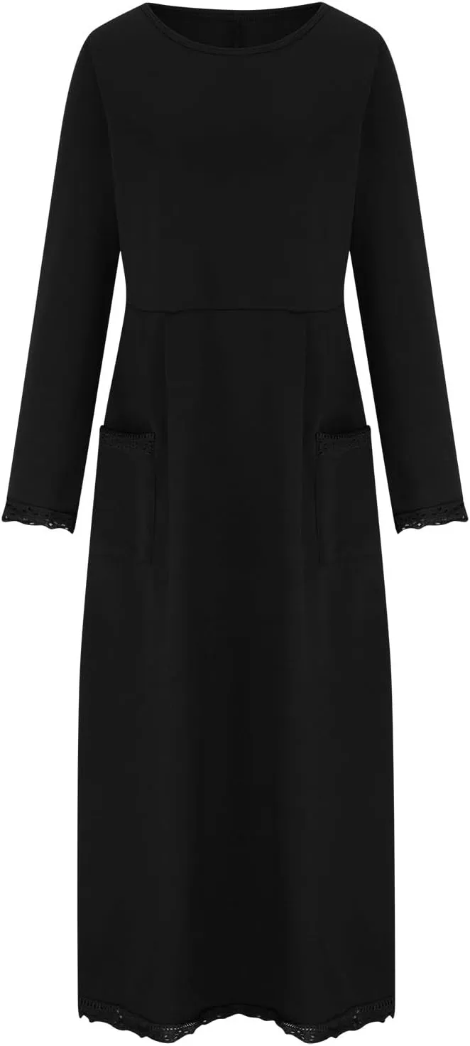 Womens Fall Casual Sweatshirt Dresses Long Sleeve Split Hem Maxi Dresses Loose Fit Ankle Length Dresses with Pockets
