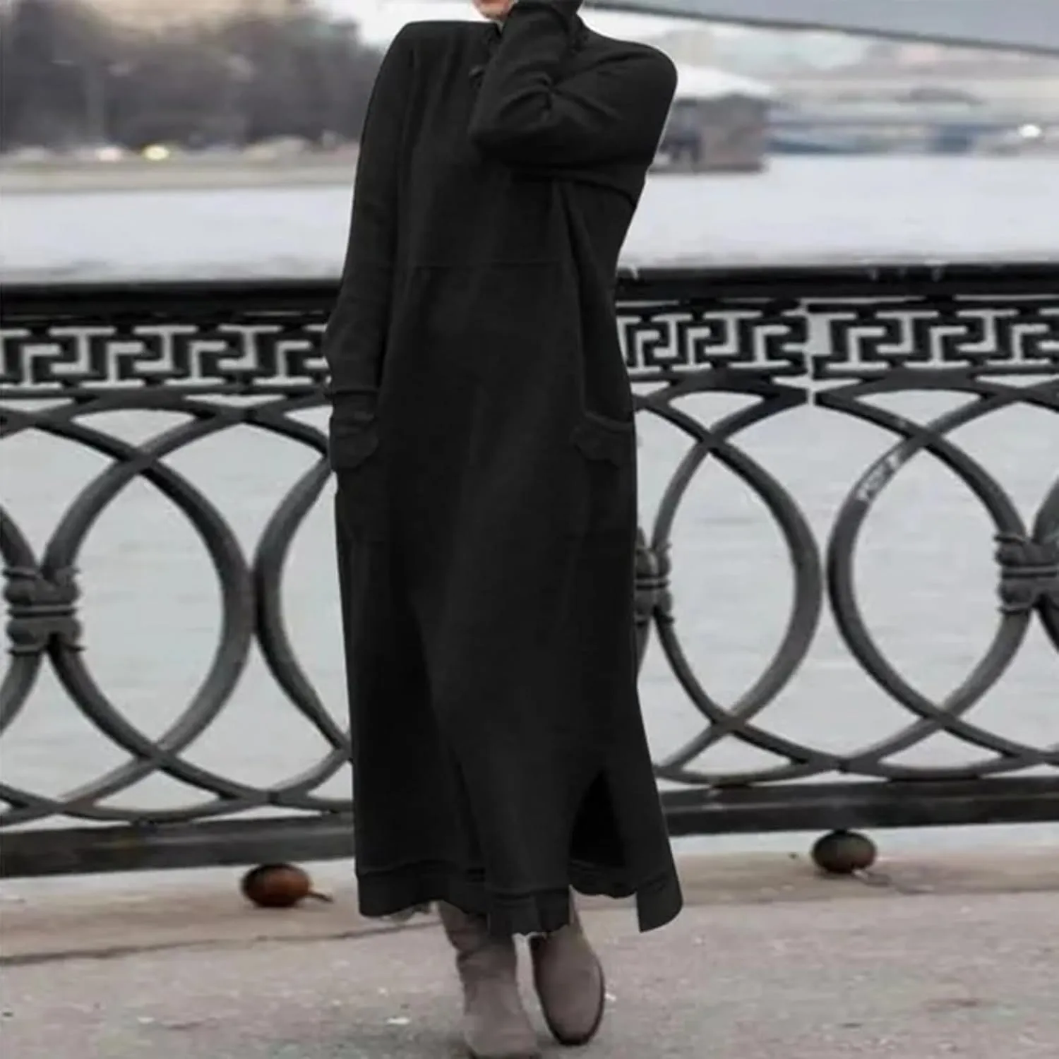 Womens Fall Casual Sweatshirt Dresses Long Sleeve Split Hem Maxi Dresses Loose Fit Ankle Length Dresses with Pockets