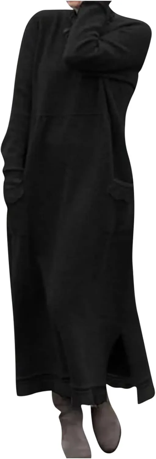 Womens Fall Casual Sweatshirt Dresses Long Sleeve Split Hem Maxi Dresses Loose Fit Ankle Length Dresses with Pockets