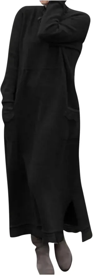 Womens Fall Casual Sweatshirt Dresses Long Sleeve Split Hem Maxi Dresses Loose Fit Ankle Length Dresses with Pockets