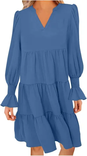 Womens Fall Dresses Causal Dressy Long Sleeve V Neck Tiered Pleated Ruffle Dress Elegant Sexy Work Solid Mini Dress