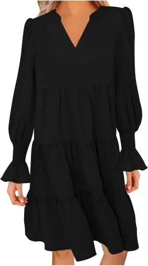 Womens Fall Dresses Causal Dressy Long Sleeve V Neck Tiered Pleated Ruffle Dress Elegant Sexy Work Solid Mini Dress