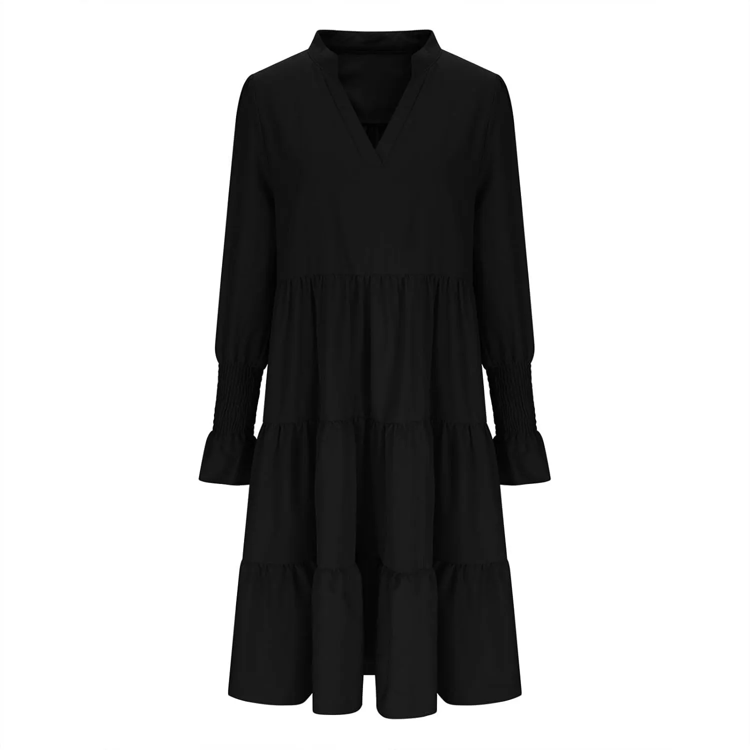 Womens Fall Dresses Causal Dressy Long Sleeve V Neck Tiered Pleated Ruffle Dress Elegant Sexy Work Solid Mini Dress