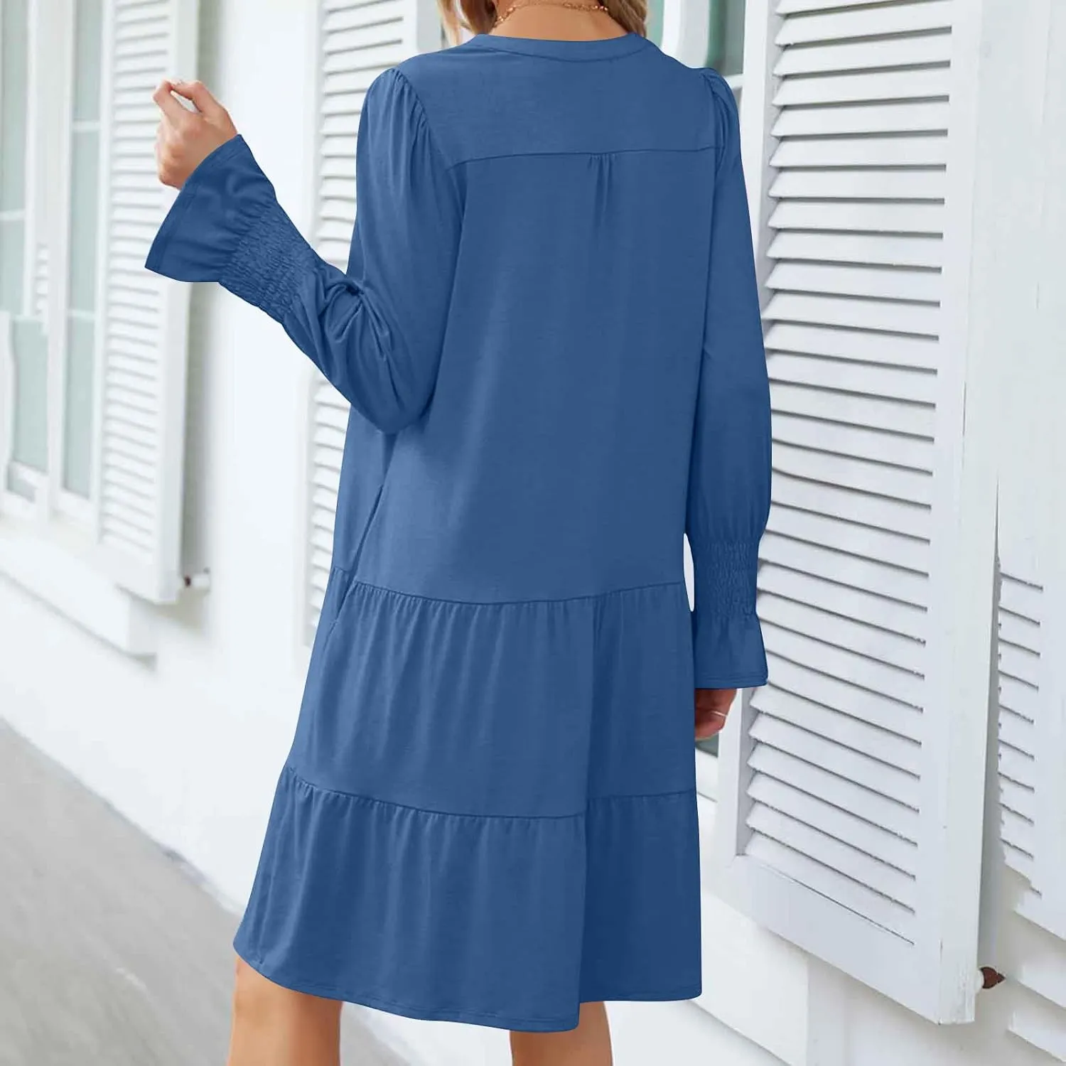 Womens Fall Dresses Causal Dressy Long Sleeve V Neck Tiered Pleated Ruffle Dress Elegant Sexy Work Solid Mini Dress