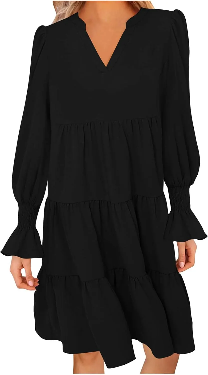 Womens Fall Dresses Causal Dressy Long Sleeve V Neck Tiered Pleated Ruffle Dress Elegant Sexy Work Solid Mini Dress
