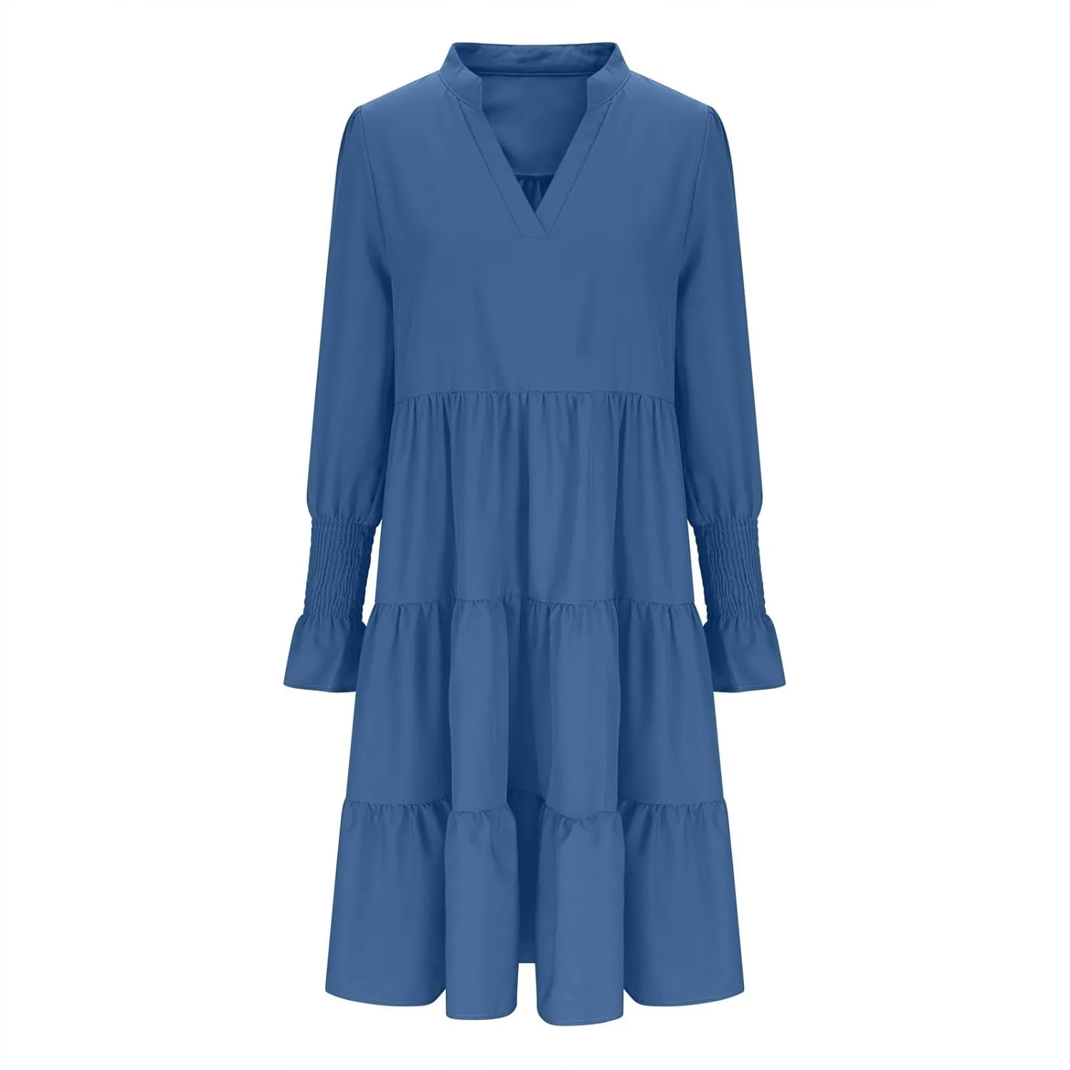 Womens Fall Dresses Causal Dressy Long Sleeve V Neck Tiered Pleated Ruffle Dress Elegant Sexy Work Solid Mini Dress