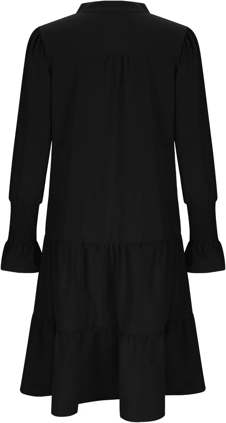Womens Fall Dresses Causal Dressy Long Sleeve V Neck Tiered Pleated Ruffle Dress Elegant Sexy Work Solid Mini Dress