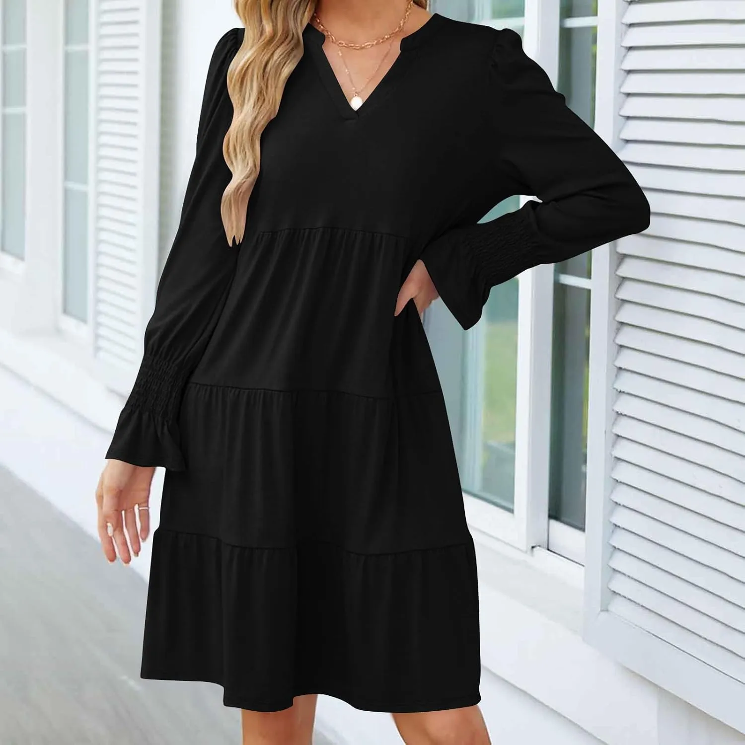 Womens Fall Dresses Causal Dressy Long Sleeve V Neck Tiered Pleated Ruffle Dress Elegant Sexy Work Solid Mini Dress