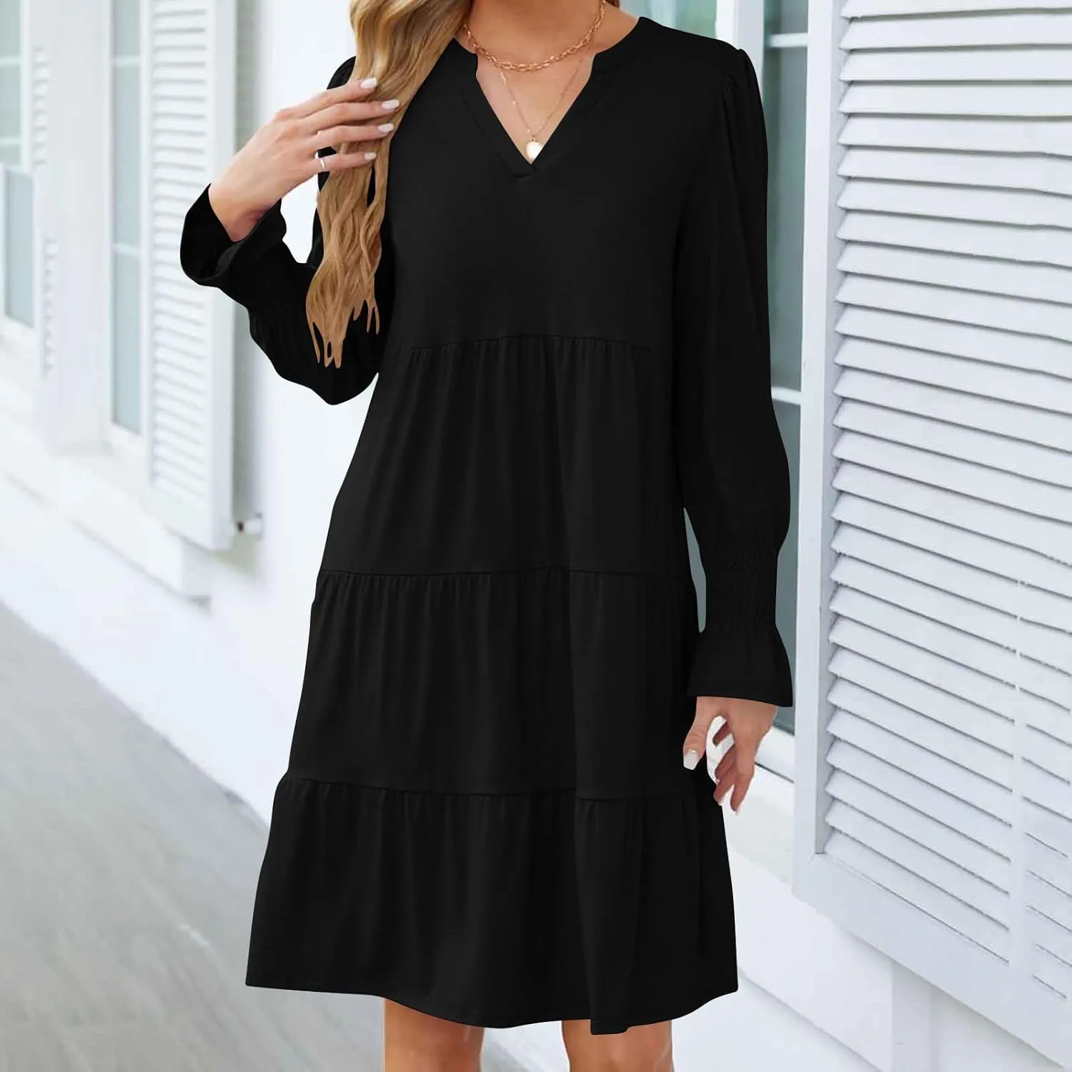 Womens Fall Dresses Causal Dressy Long Sleeve V Neck Tiered Pleated Ruffle Dress Elegant Sexy Work Solid Mini Dress