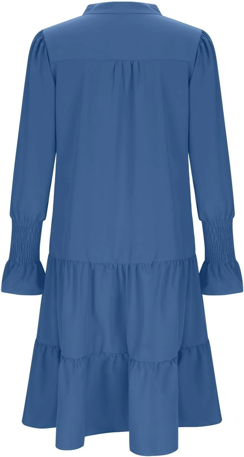 Womens Fall Dresses Causal Dressy Long Sleeve V Neck Tiered Pleated Ruffle Dress Elegant Sexy Work Solid Mini Dress