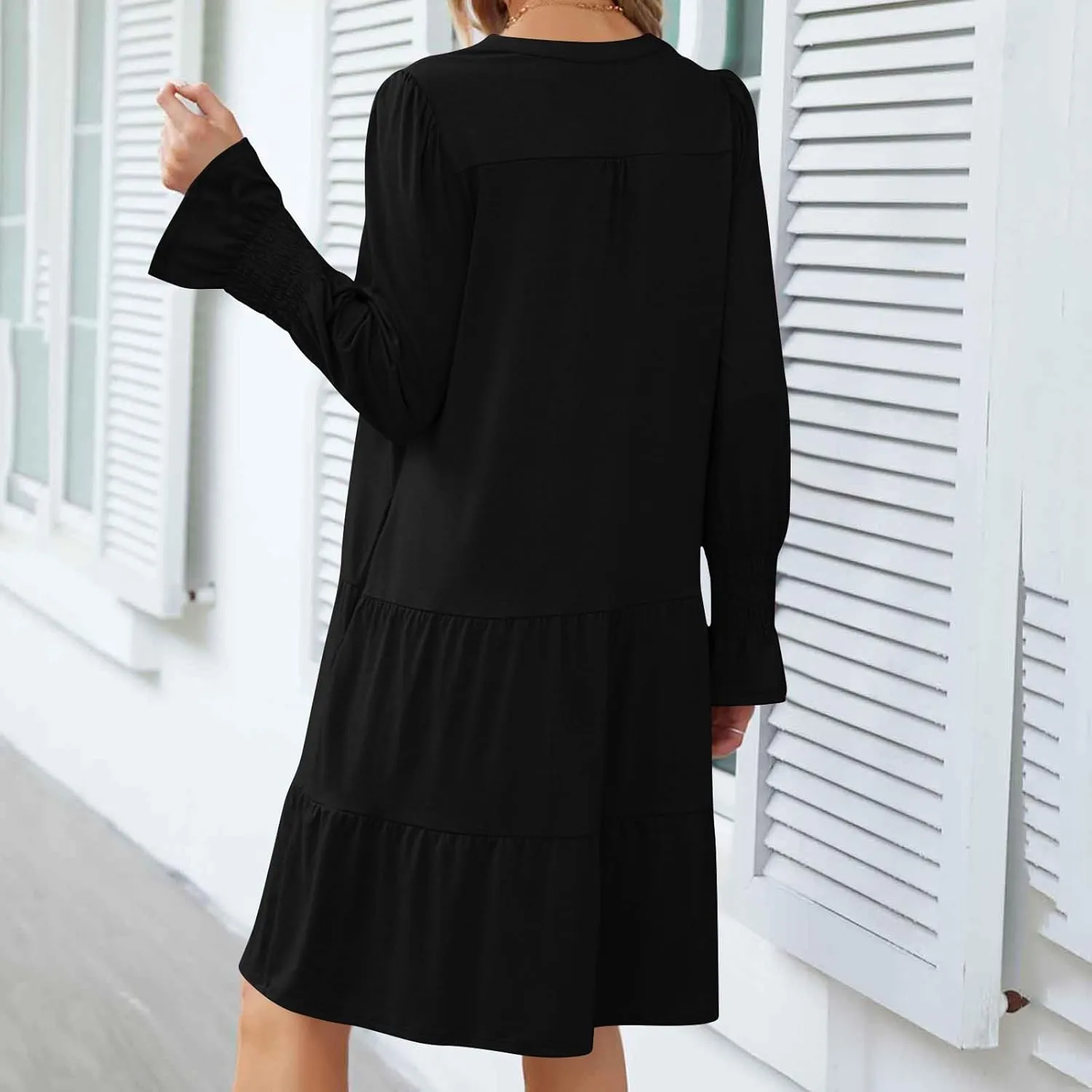 Womens Fall Dresses Causal Dressy Long Sleeve V Neck Tiered Pleated Ruffle Dress Elegant Sexy Work Solid Mini Dress