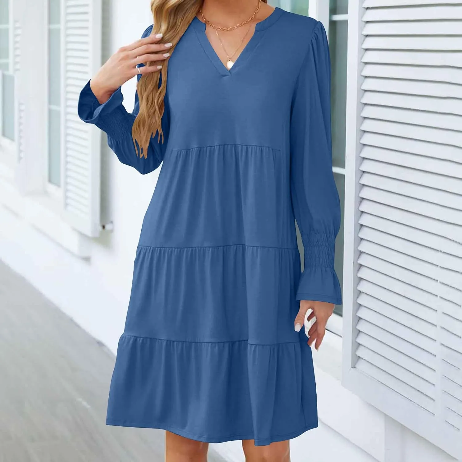 Womens Fall Dresses Causal Dressy Long Sleeve V Neck Tiered Pleated Ruffle Dress Elegant Sexy Work Solid Mini Dress
