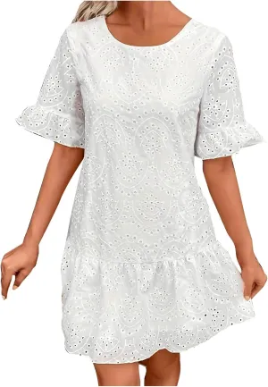 Womens Fashion 2024 Summer Dresses Crochet Swiss Dot Ruffle Mini Dress Flowy Soft Cotton Dressy Loose Beach Boho Dress