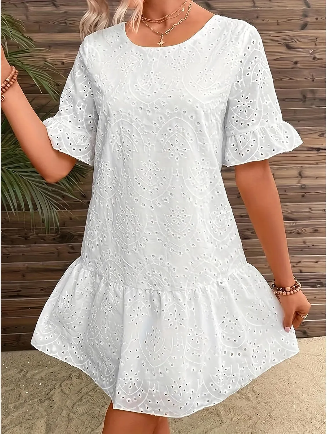 Womens Fashion 2024 Summer Dresses Crochet Swiss Dot Ruffle Mini Dress Flowy Soft Cotton Dressy Loose Beach Boho Dress
