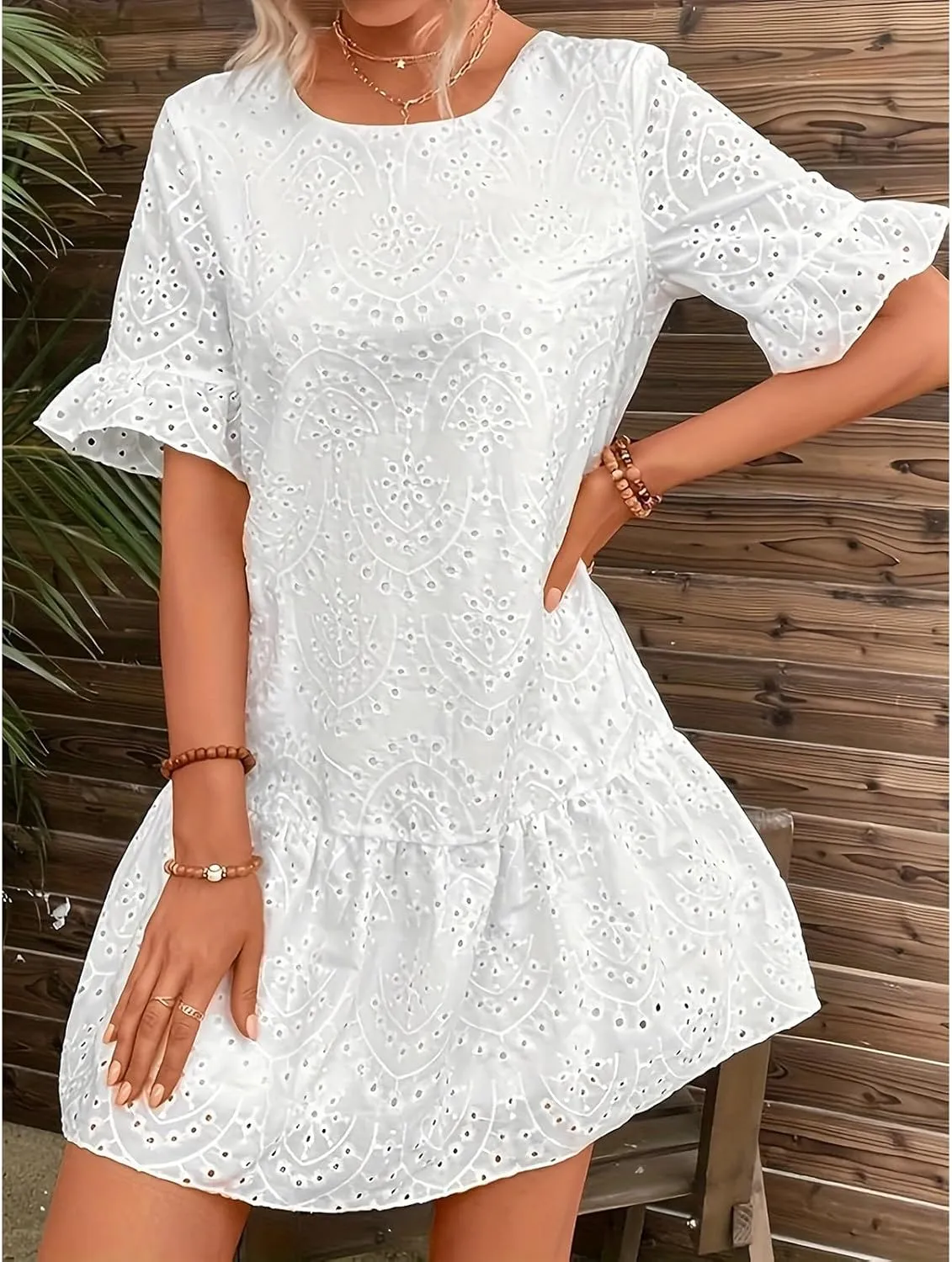 Womens Fashion 2024 Summer Dresses Crochet Swiss Dot Ruffle Mini Dress Flowy Soft Cotton Dressy Loose Beach Boho Dress