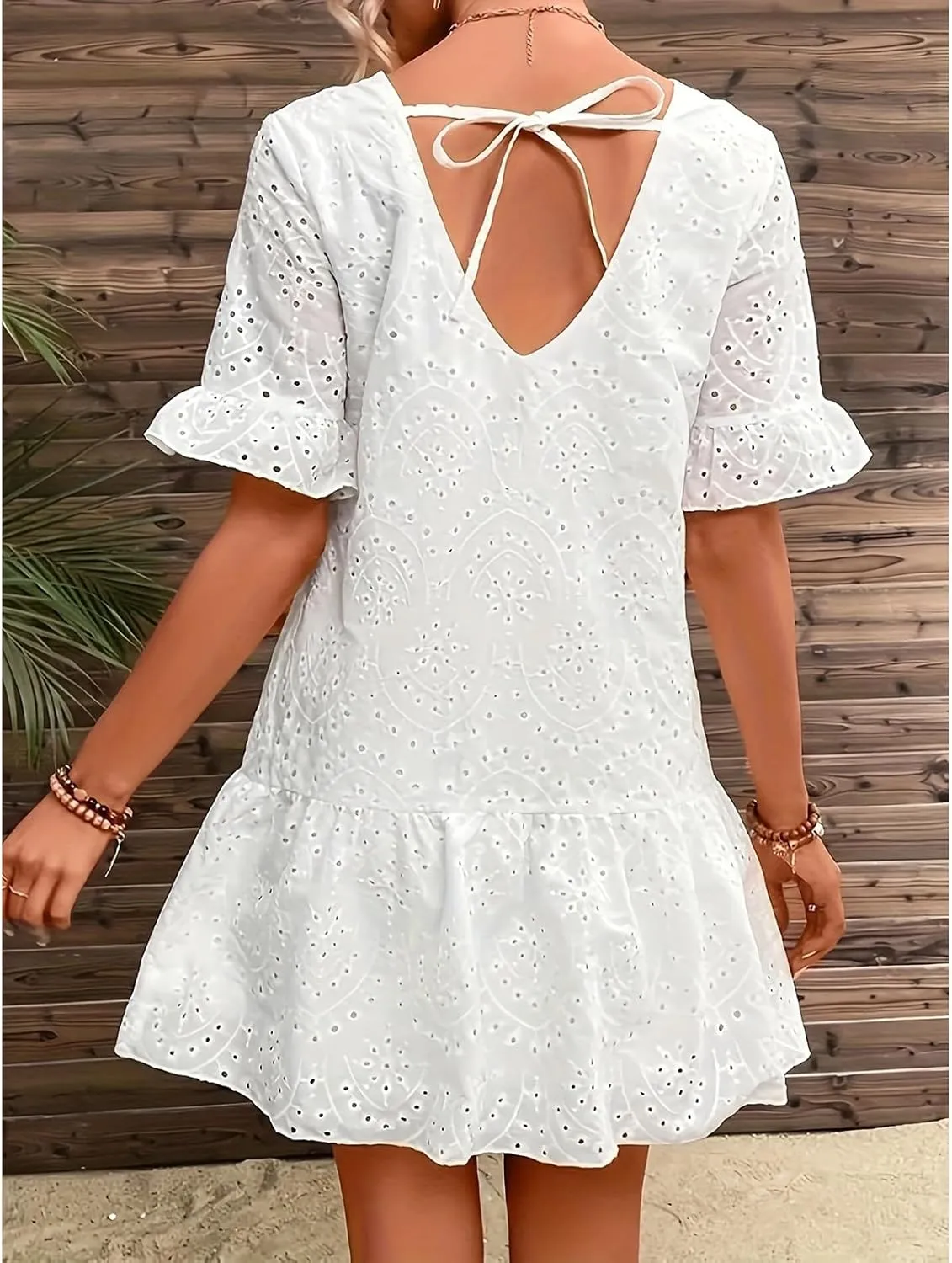 Womens Fashion 2024 Summer Dresses Crochet Swiss Dot Ruffle Mini Dress Flowy Soft Cotton Dressy Loose Beach Boho Dress