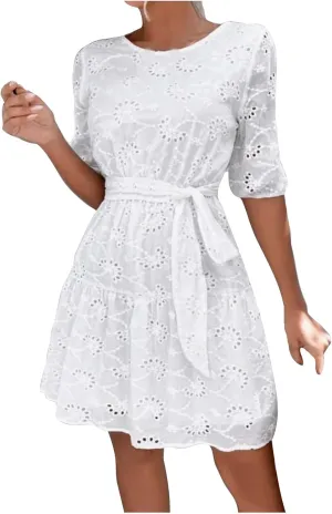 Womens Fashion 2024 Summer Dresses Crochet Swiss Dot Ruffle Mini Dress Flowy Soft Cotton Dressy Loose Beach Boho Dress