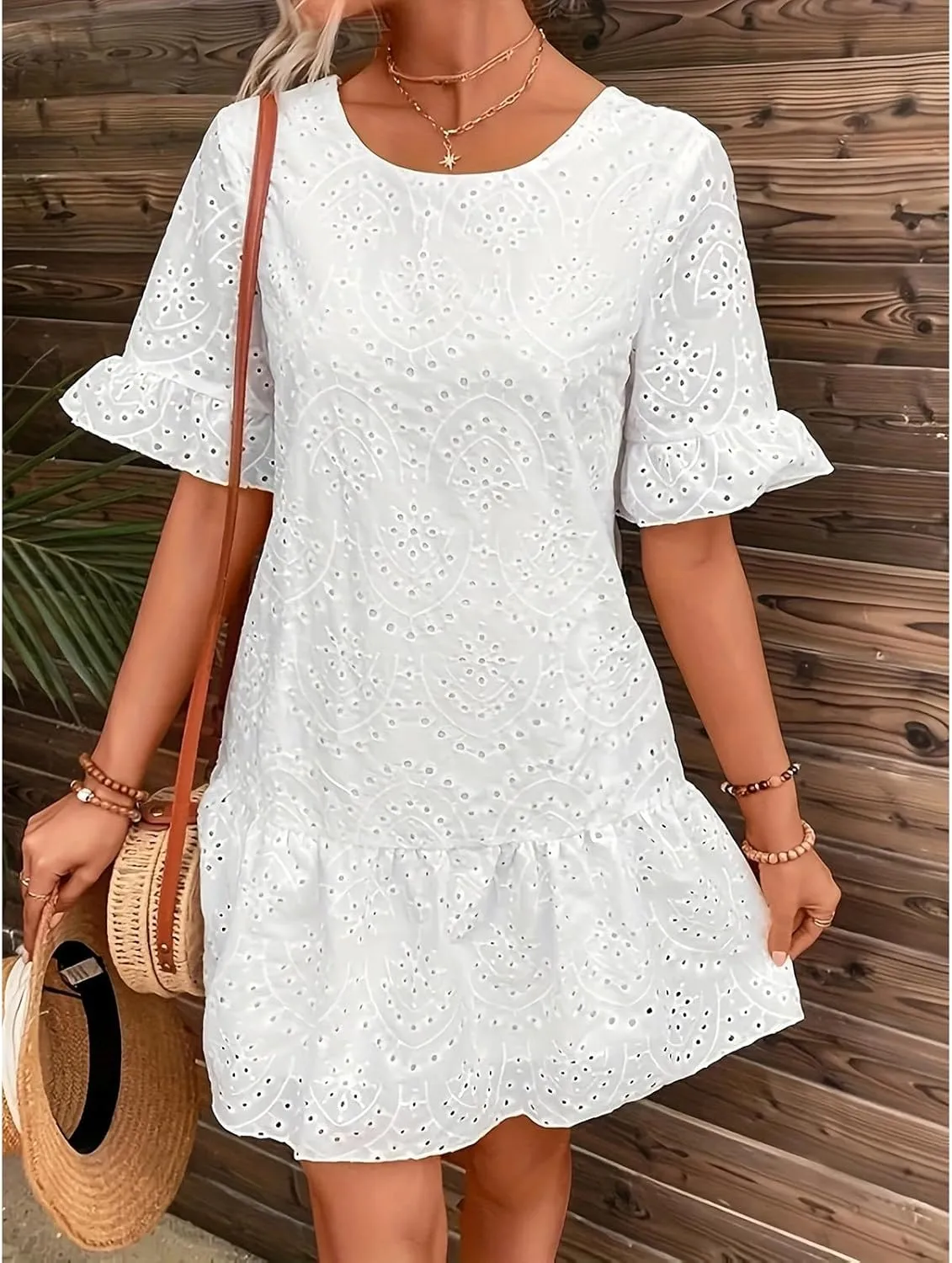 Womens Fashion 2024 Summer Dresses Crochet Swiss Dot Ruffle Mini Dress Flowy Soft Cotton Dressy Loose Beach Boho Dress