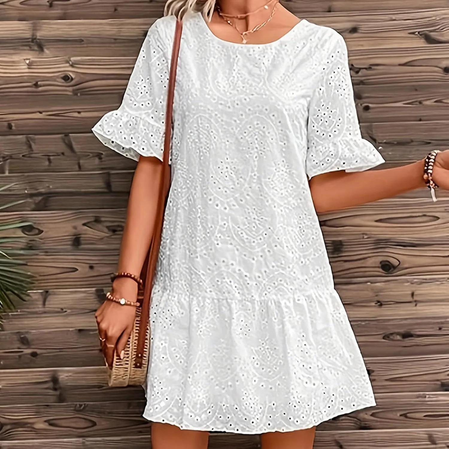 Womens Fashion 2024 Summer Dresses Crochet Swiss Dot Ruffle Mini Dress Flowy Soft Cotton Dressy Loose Beach Boho Dress