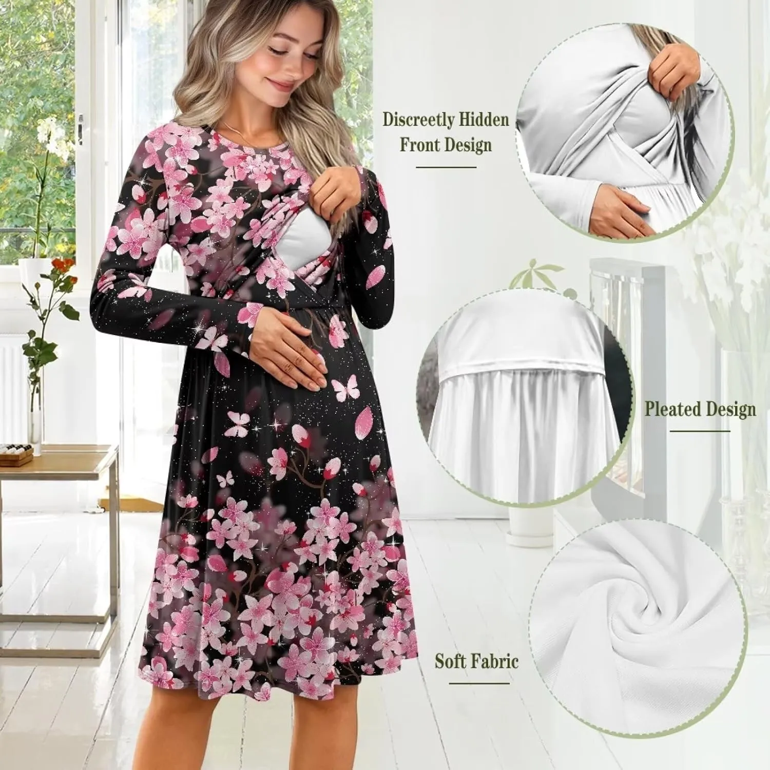 Women's Fashion Crew Neck Midi Dress Maternity Clothes Nursing Dresses Pregnancy Dresses Flowy Midi Dresses