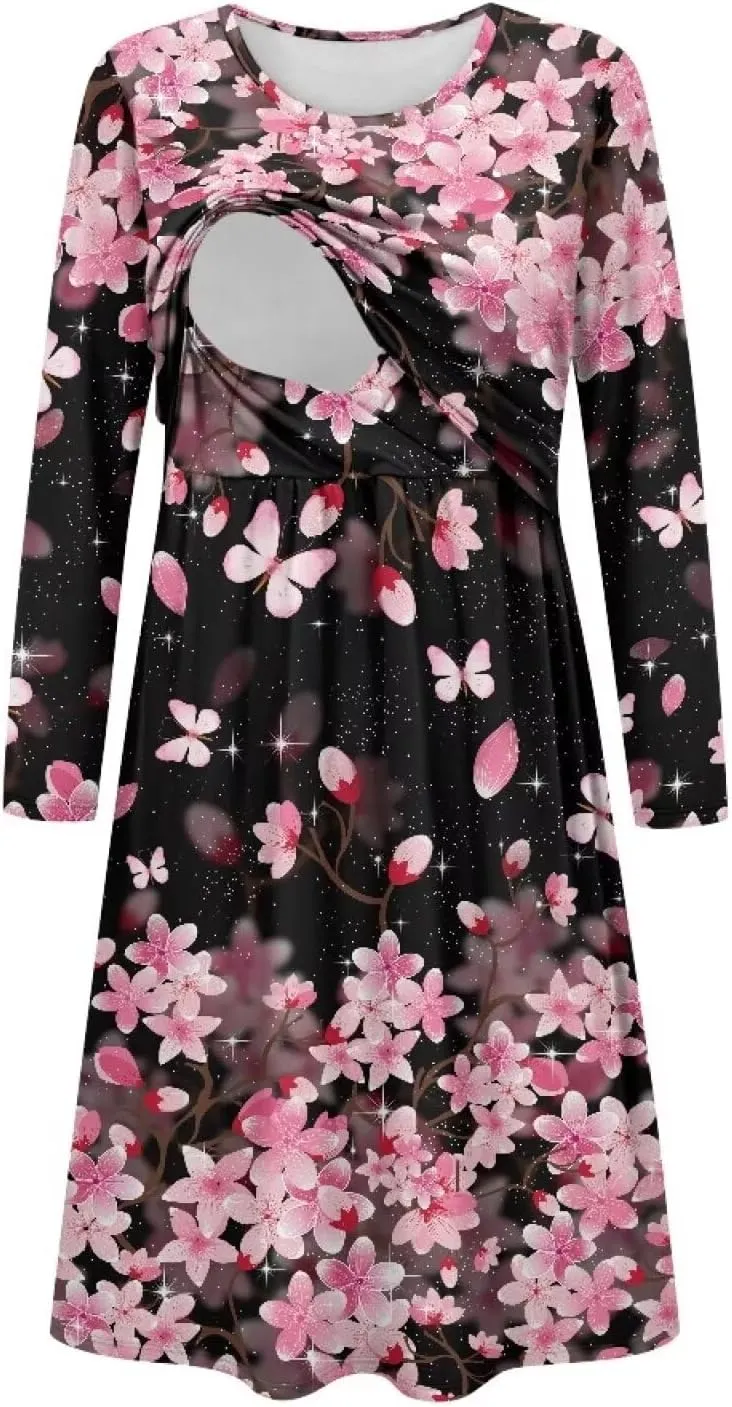 Women's Fashion Crew Neck Midi Dress Maternity Clothes Nursing Dresses Pregnancy Dresses Flowy Midi Dresses