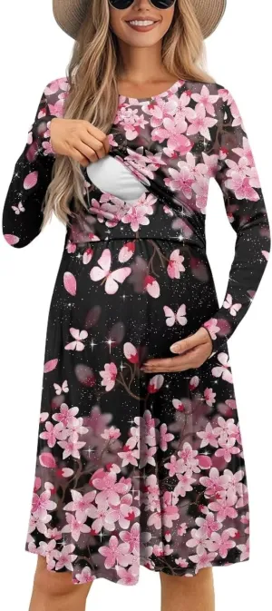 Women's Fashion Crew Neck Midi Dress Maternity Clothes Nursing Dresses Pregnancy Dresses Flowy Midi Dresses