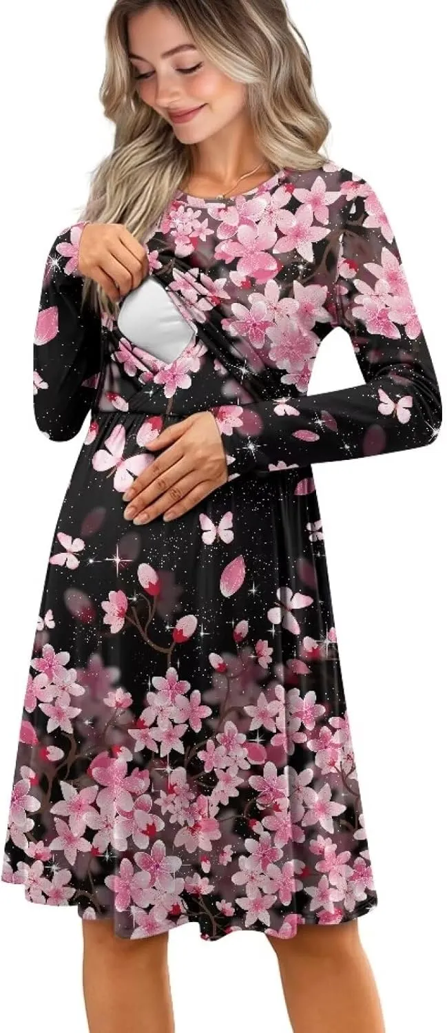 Women's Fashion Crew Neck Midi Dress Maternity Clothes Nursing Dresses Pregnancy Dresses Flowy Midi Dresses