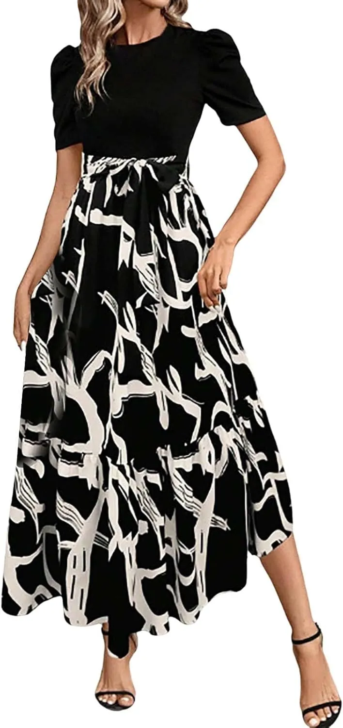 Womens Fashion High Waisted Skirt Abstract Printed Trendy Evening Party Wears Office Relax Short Sleeve Casual Skirts