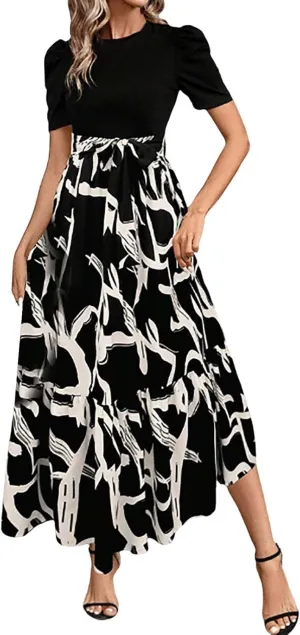 Womens Fashion High Waisted Skirt Abstract Printed Trendy Evening Party Wears Office Relax Short Sleeve Casual Skirts