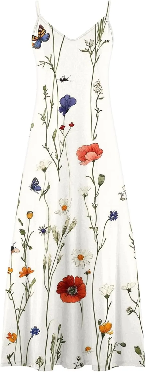 Womens Floral Boho Spring Dresses Spaghetti Strap Cute Sundresses Casual Long Maxi Dress Beach Vacation Clothes 2025