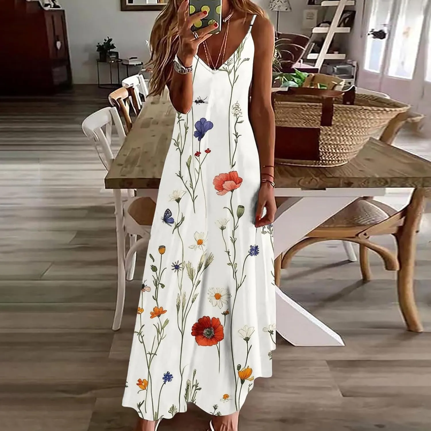Womens Floral Boho Spring Dresses Spaghetti Strap Cute Sundresses Casual Long Maxi Dress Beach Vacation Clothes 2025