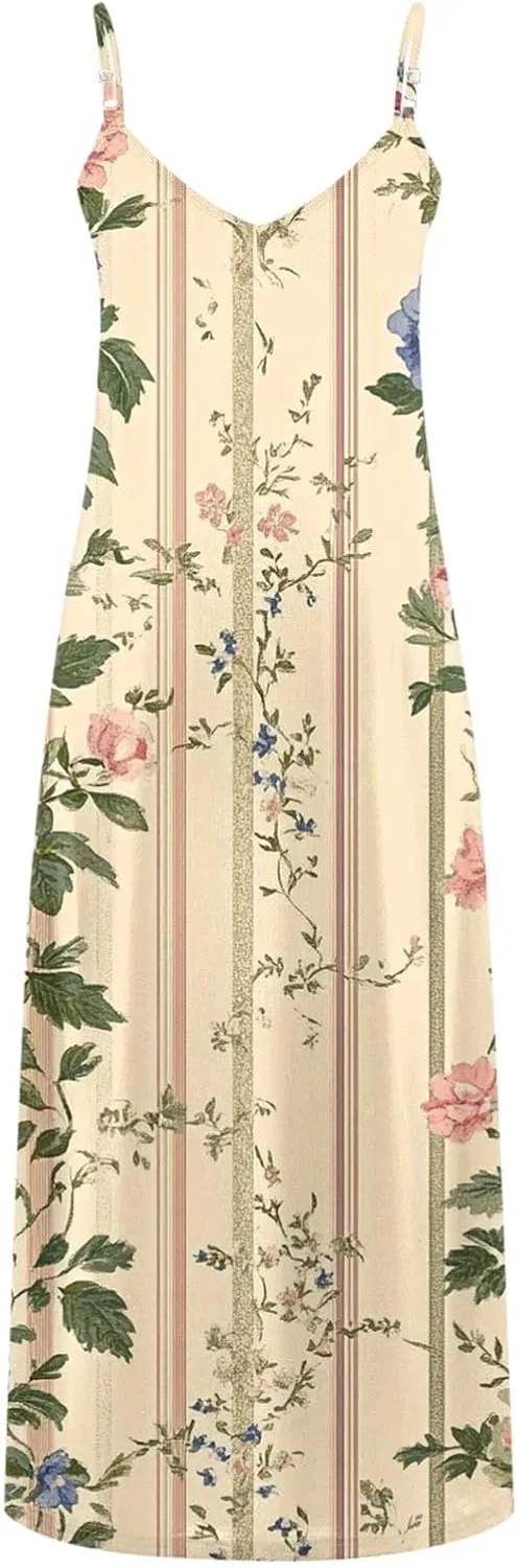 Womens Floral Boho Spring Dresses Spaghetti Strap Cute Sundresses Casual Long Maxi Dress Beach Vacation Clothes 2025