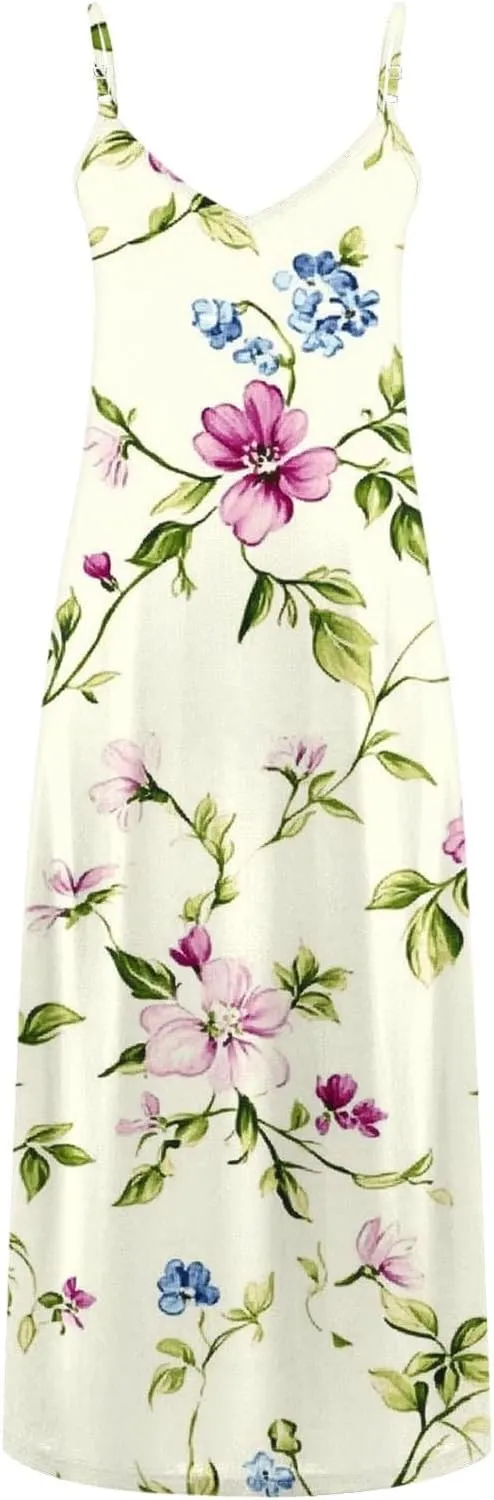 Womens Floral Boho Spring Dresses Spaghetti Strap Cute Sundresses Casual Long Maxi Dress Beach Vacation Clothes 2025