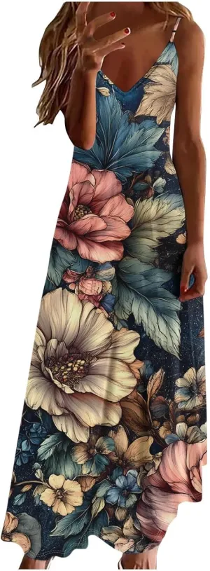 Womens Floral Boho Spring Dresses Spaghetti Strap Cute Sundresses Casual Long Maxi Dress Beach Vacation Clothes 2025