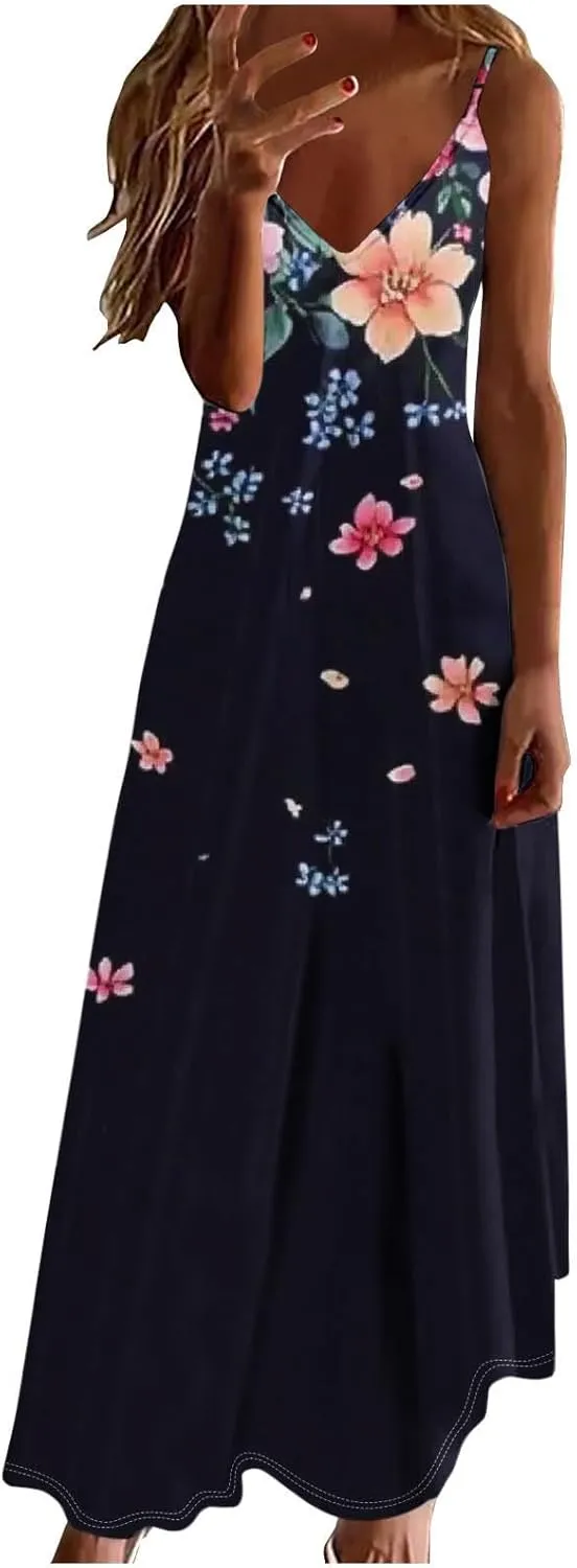 Womens Floral Boho Spring Dresses Spaghetti Strap Cute Sundresses Casual Long Maxi Dress Beach Vacation Clothes 2025