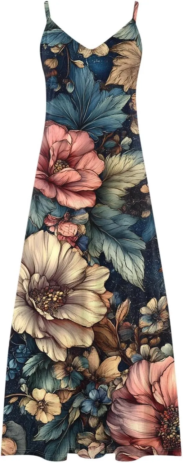Womens Floral Boho Spring Dresses Spaghetti Strap Cute Sundresses Casual Long Maxi Dress Beach Vacation Clothes 2025