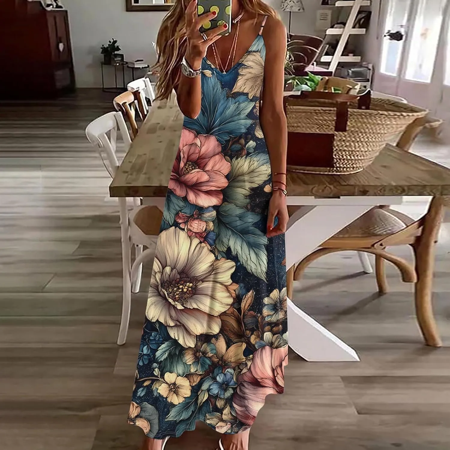 Womens Floral Boho Spring Dresses Spaghetti Strap Cute Sundresses Casual Long Maxi Dress Beach Vacation Clothes 2025