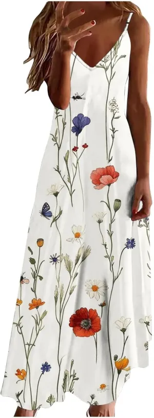 Womens Floral Boho Spring Dresses Spaghetti Strap Cute Sundresses Casual Long Maxi Dress Beach Vacation Clothes 2025