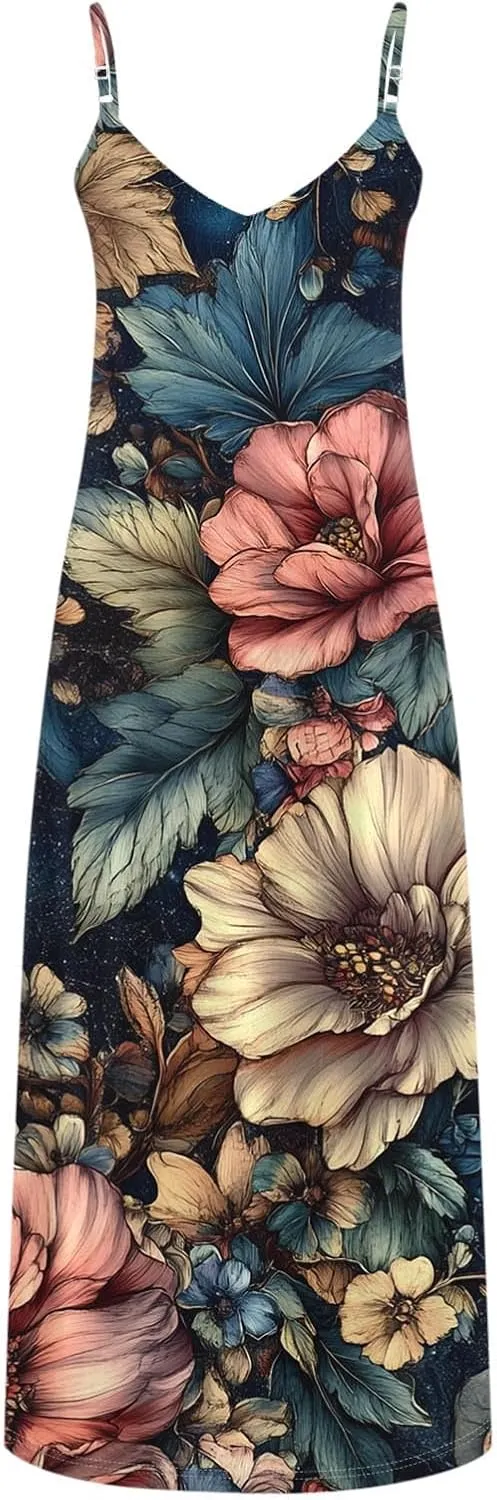 Womens Floral Boho Spring Dresses Spaghetti Strap Cute Sundresses Casual Long Maxi Dress Beach Vacation Clothes 2025