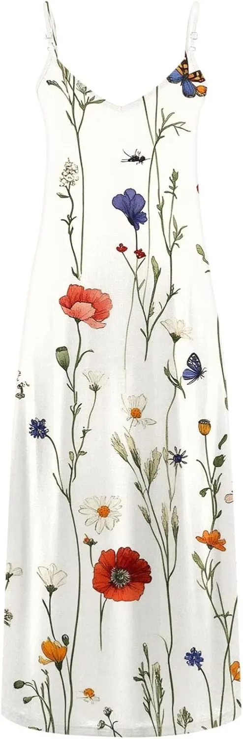 Womens Floral Boho Spring Dresses Spaghetti Strap Cute Sundresses Casual Long Maxi Dress Beach Vacation Clothes 2025
